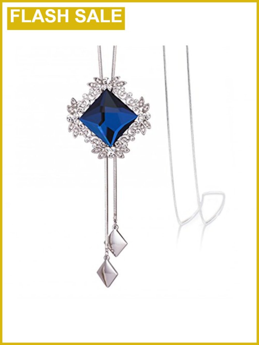 Long Chain Necklace Rhombus Glass Pendant Boho Sweater Jewelry for Women